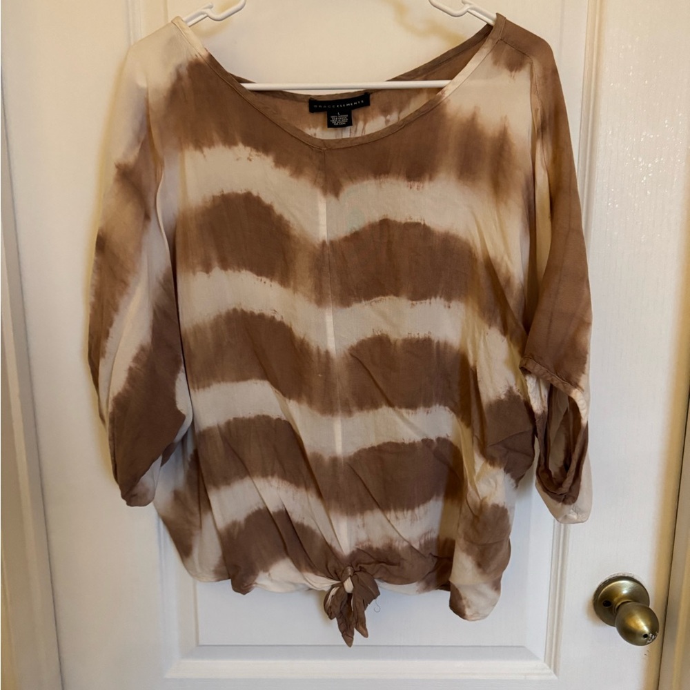 Grace Elements Brown and Cream Tie Front Blouse